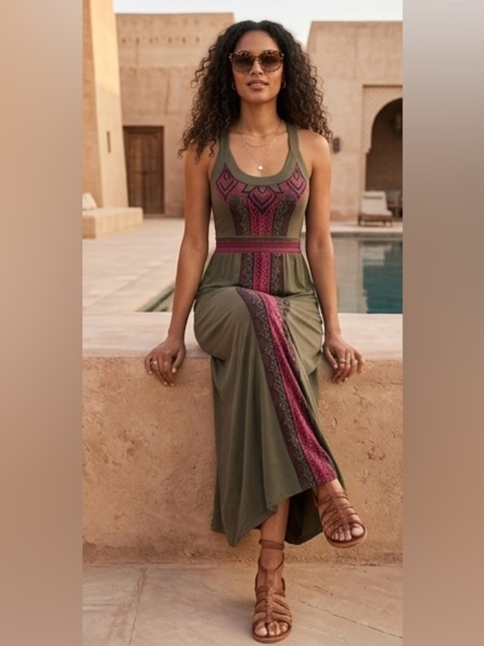 Athleta Olive Green Maxi Dress with Pink Accent
